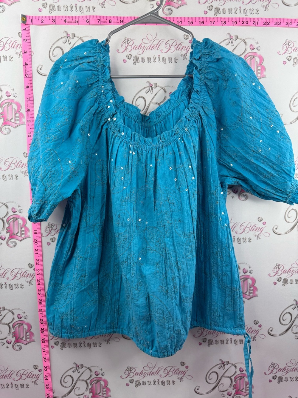 T-shirt y2k sequins Smocked Neck Puff Sleeve Top in Teal with Sequin Detail